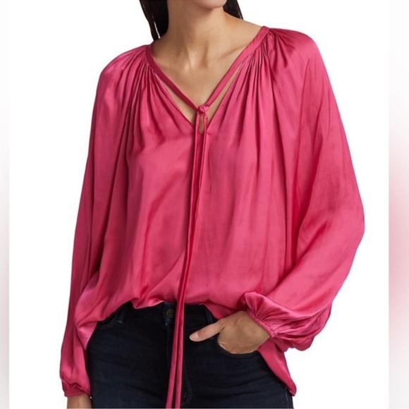 Ramy Brook Paris Shiny Tie Neck Blouse Hot Pink Berry Pink size S - Picture 1 of 13